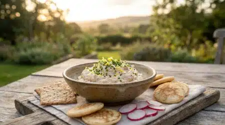 Bol de tartinade au thon garnie de ciboulette et zeste de citron