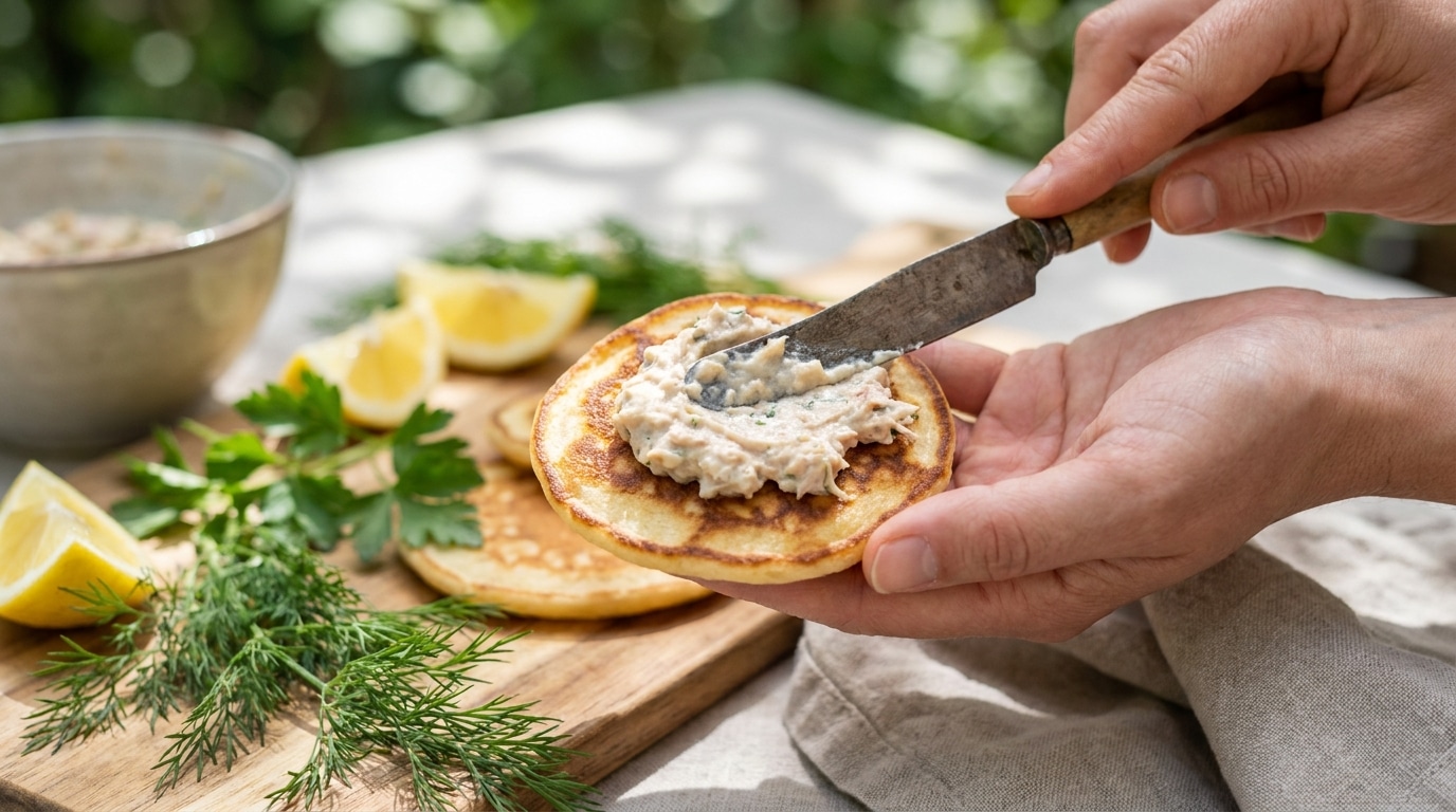 Main tartinant un blini avec la crème de thon citronnée