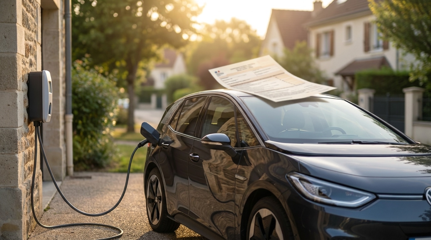 Voiture électrique branchée dans une allée de maison française