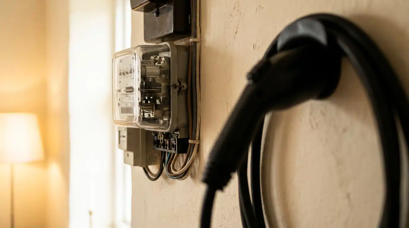 Compteur électrique domestique à côté d'un câble de recharge