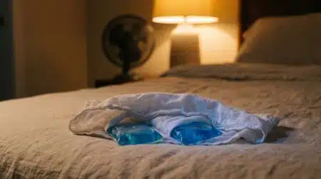 Poches de glace enveloppées dans un tissu sur un lit