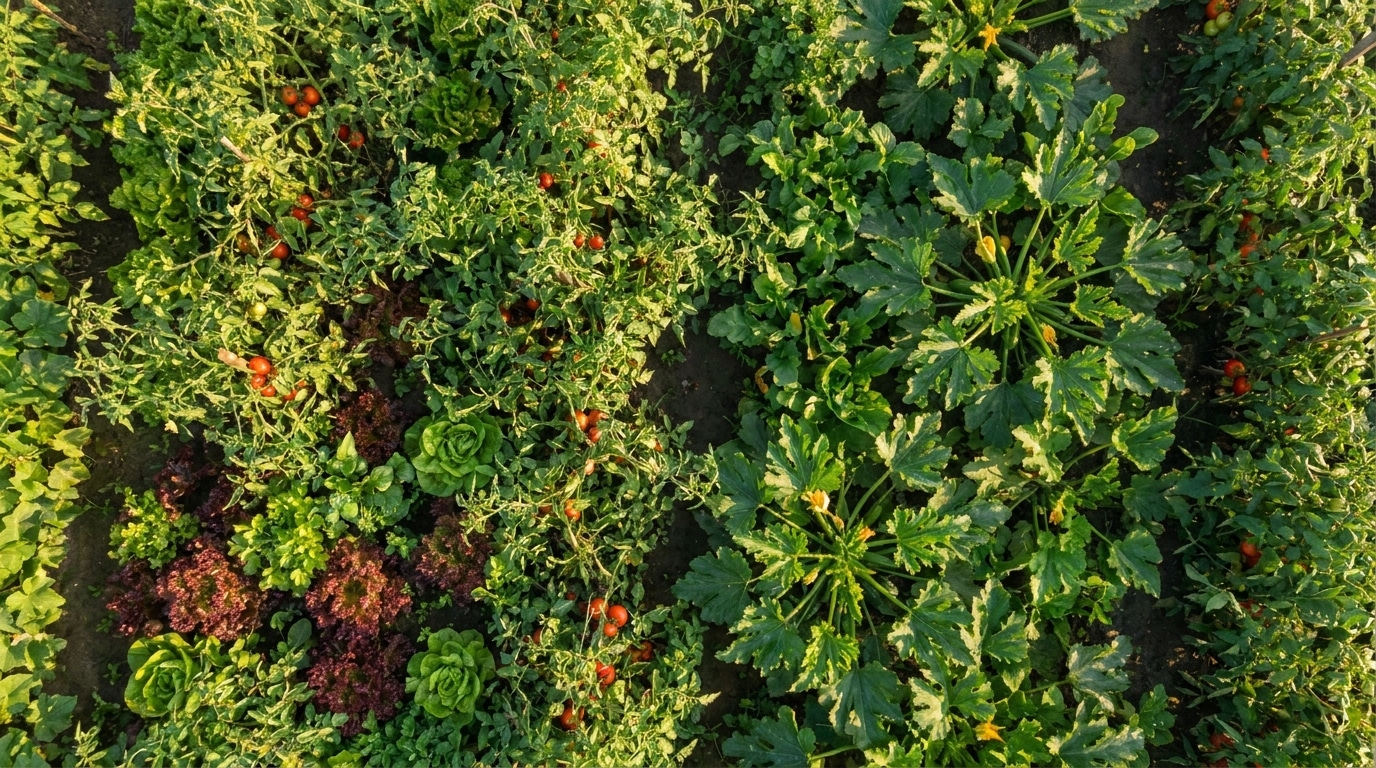 Potager dense avec feuillages serrés formant une canopée verte