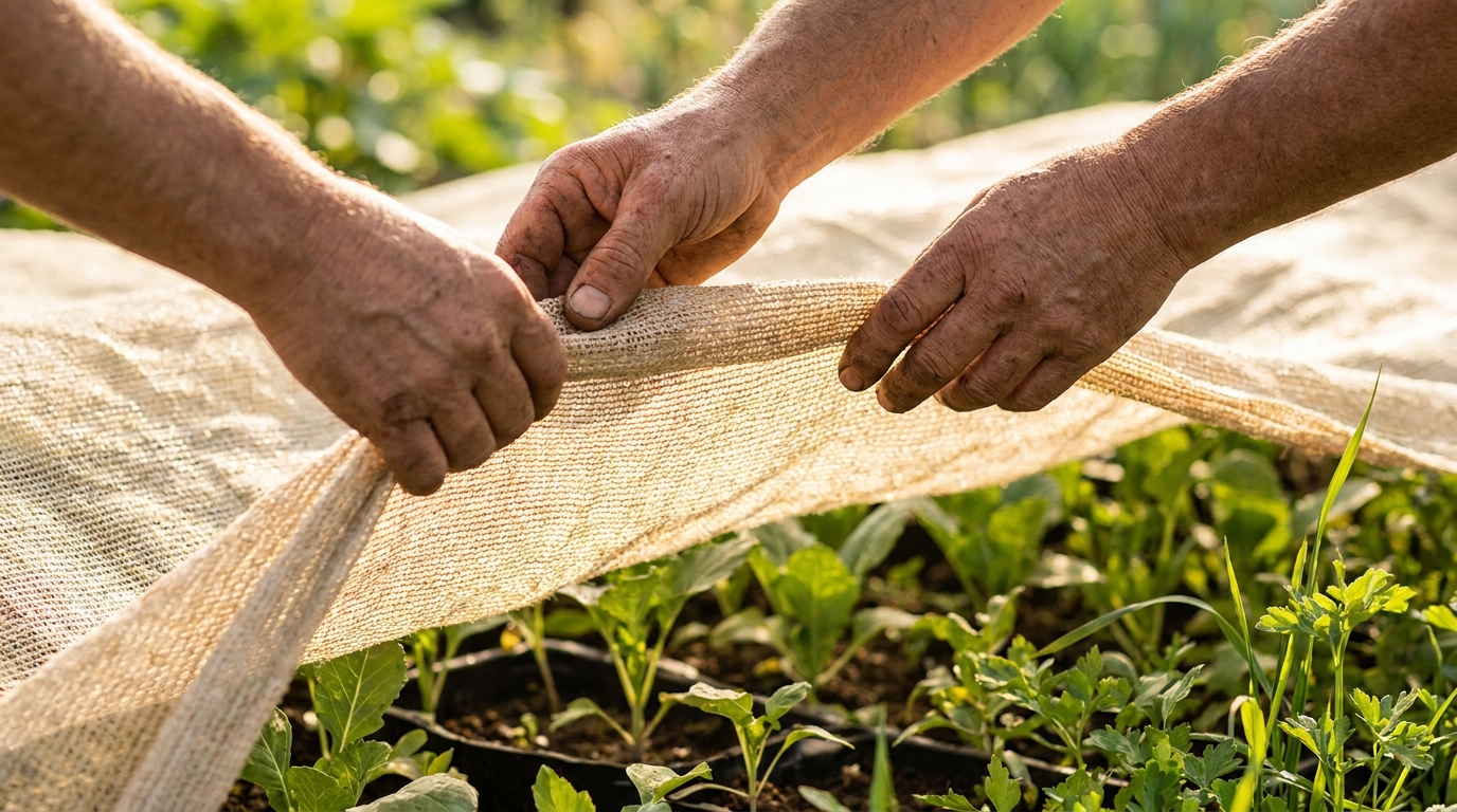Mains installant un voile d'ombrage au-dessus de plants potagers