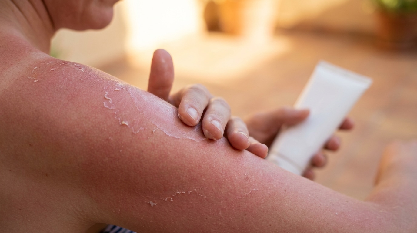 Épaule rougie par un coup de soleil visible de près