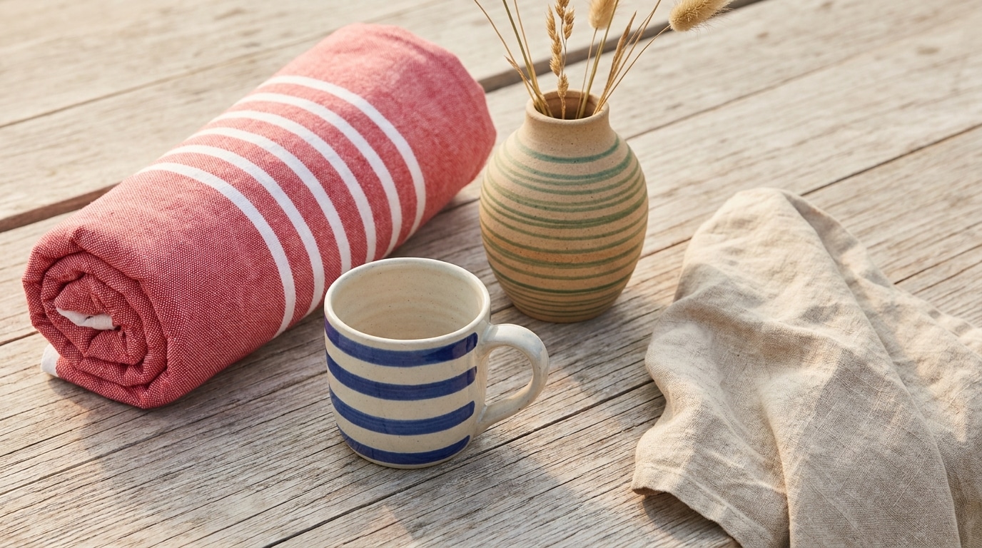 Accessoires déco d'été rayés posés sur une table en bois clair