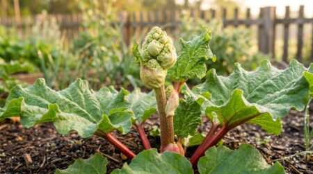 Hampe florale de rhubarbe émergeant au cœur du plant