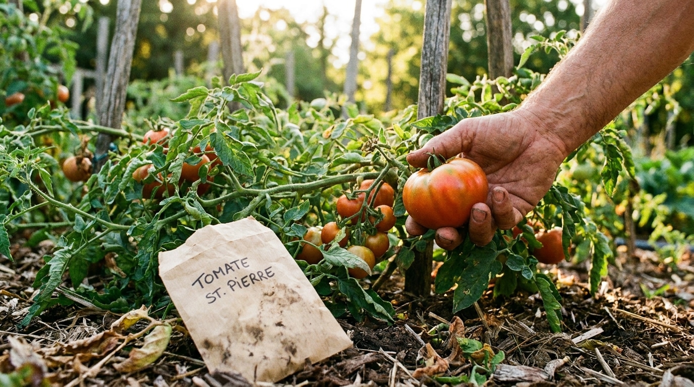 Main tenant une tomate mûre sur un plant au potager