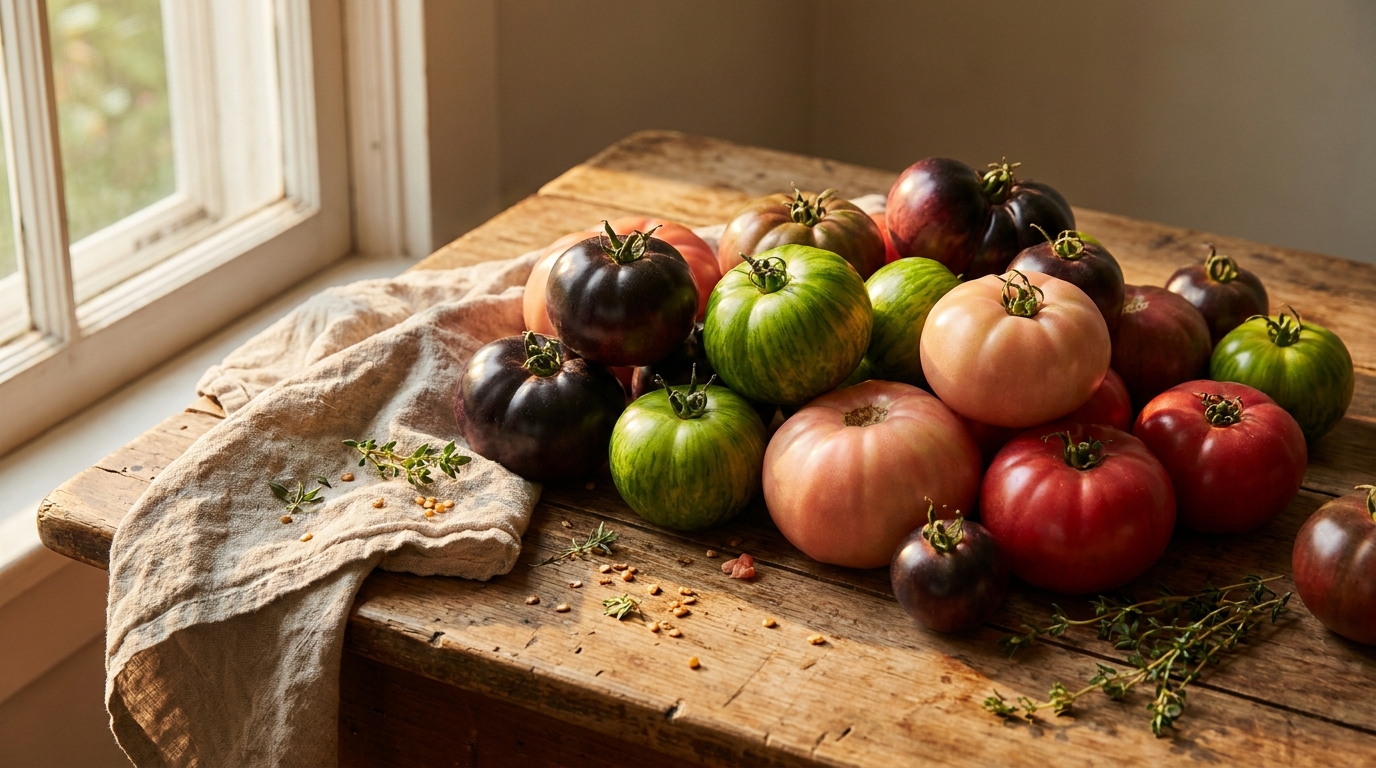 Tomates anciennes multicolores posées sur une table en bois