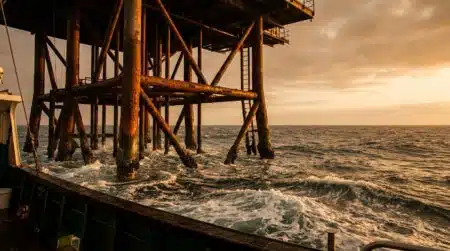 Tour métallique rouillée émergeant de l'océan Atlantique au coucher du soleil