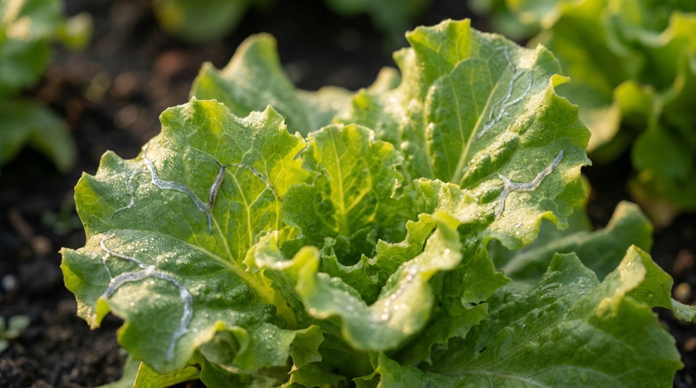 Traces brillantes de mucus de limace sur des feuilles de salade au jardin