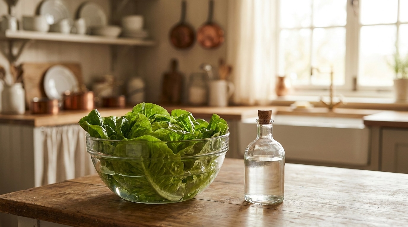 Saladier d'eau avec feuilles de laitue et vinaigre blanc sur plan de travail