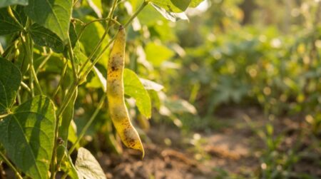 Gousse de haricot vert trop mûre sur un plant au potager
