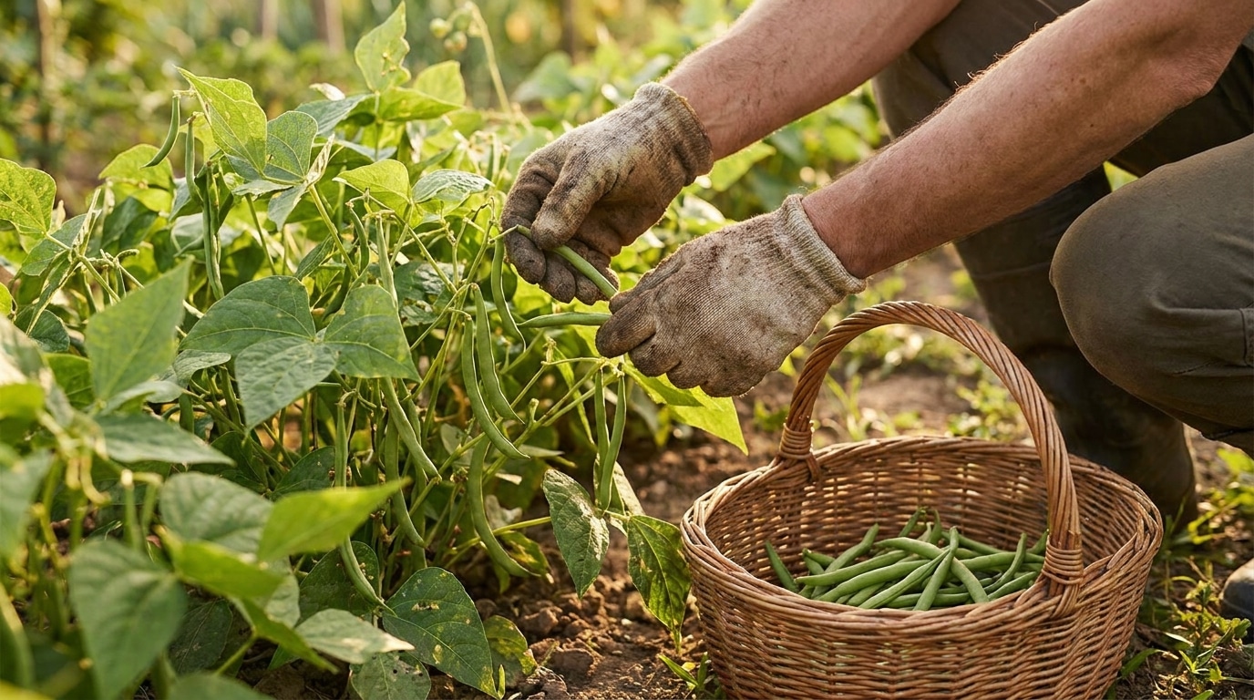 Mains cueillant des haricots verts frais dans un jardin d'été