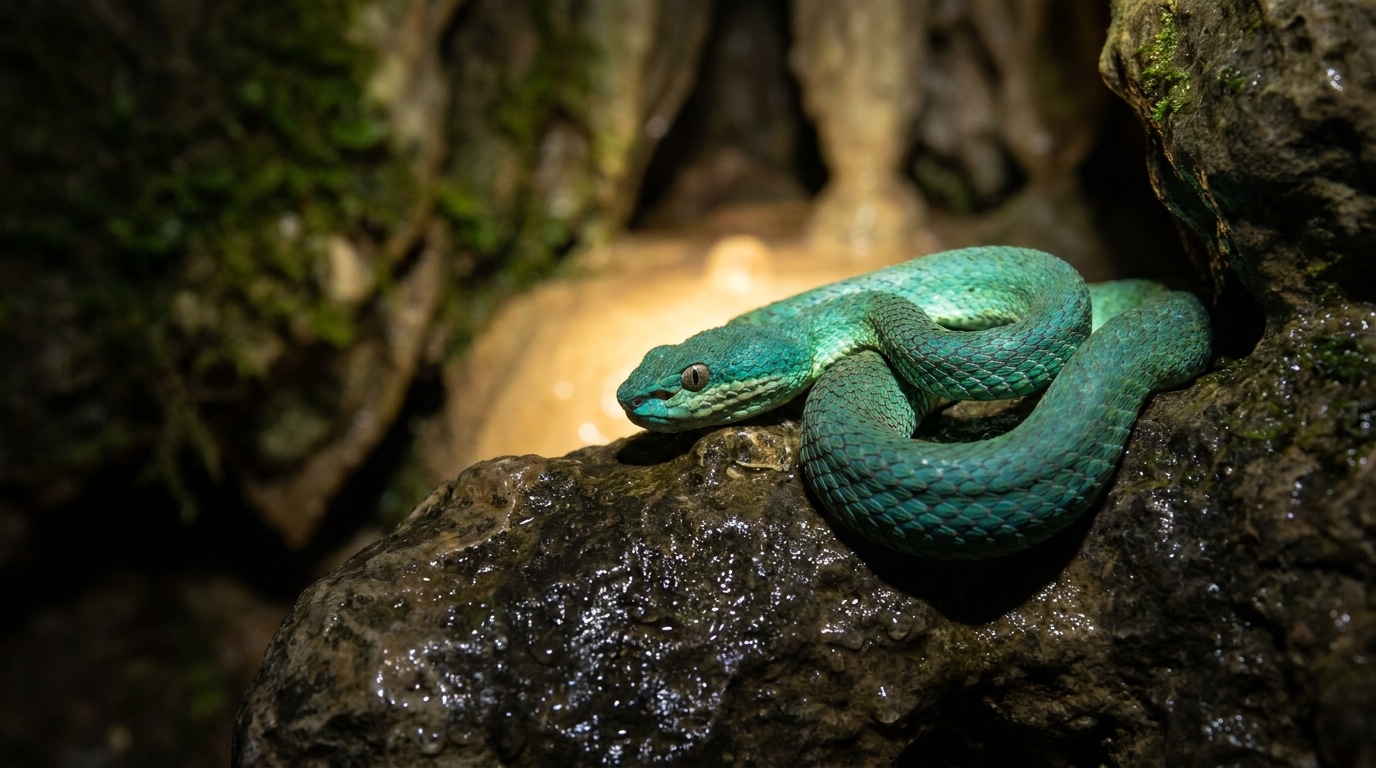 Vipère turquoise enroulée sur une roche calcaire dans une grotte