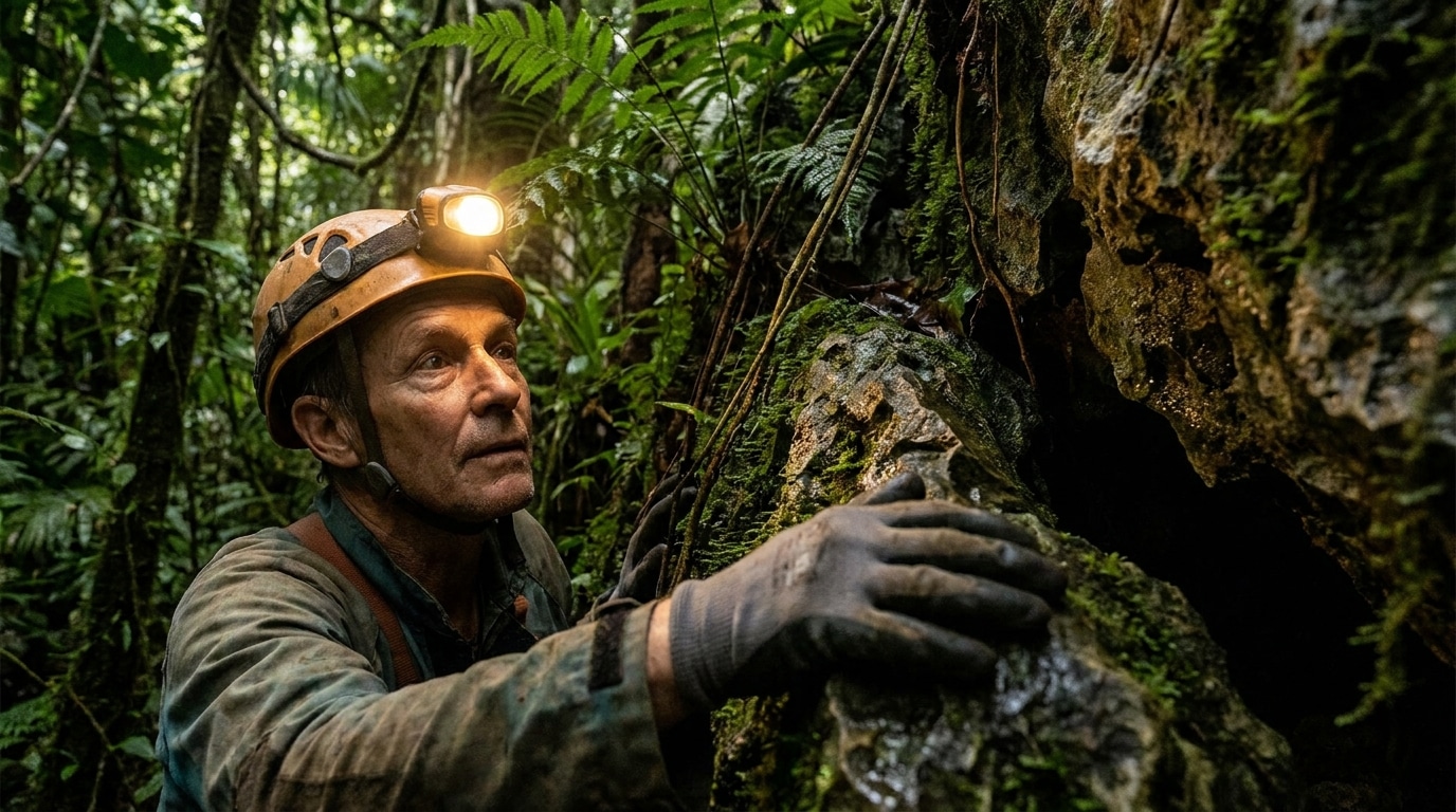 Spéléologue inspectant une grotte calcaire tropicale de nuit