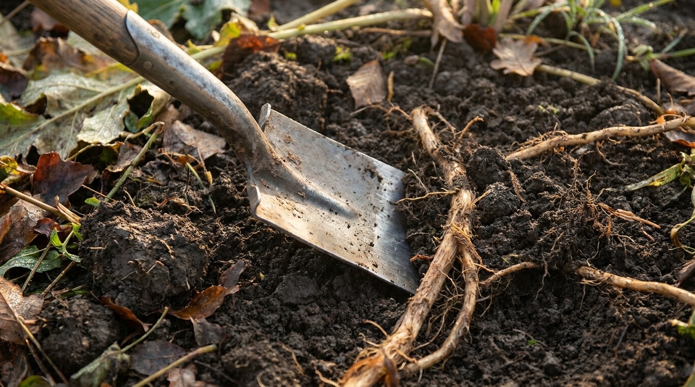 Bêche enfoncée dans le sol près de racines d'acanthe