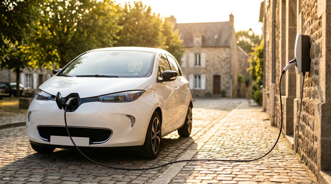 Citadine électrique blanche en charge devant une maison
