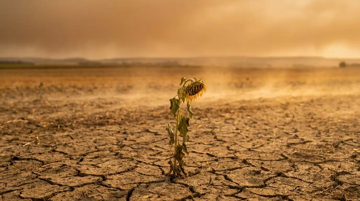 Champ desséché sous un ciel de canicule en Europe