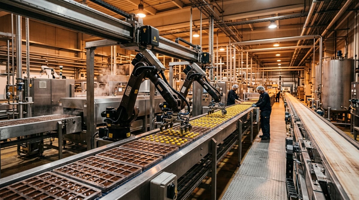 Chaîne de production industrielle de chocolat en usine
