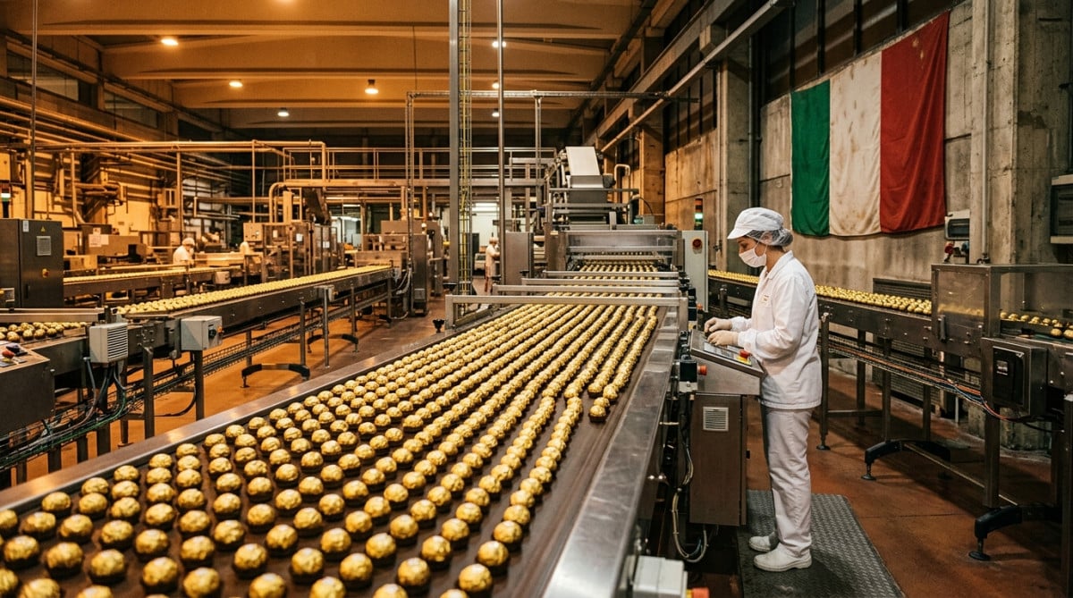Chaîne de production industrielle de chocolats dorés en usine