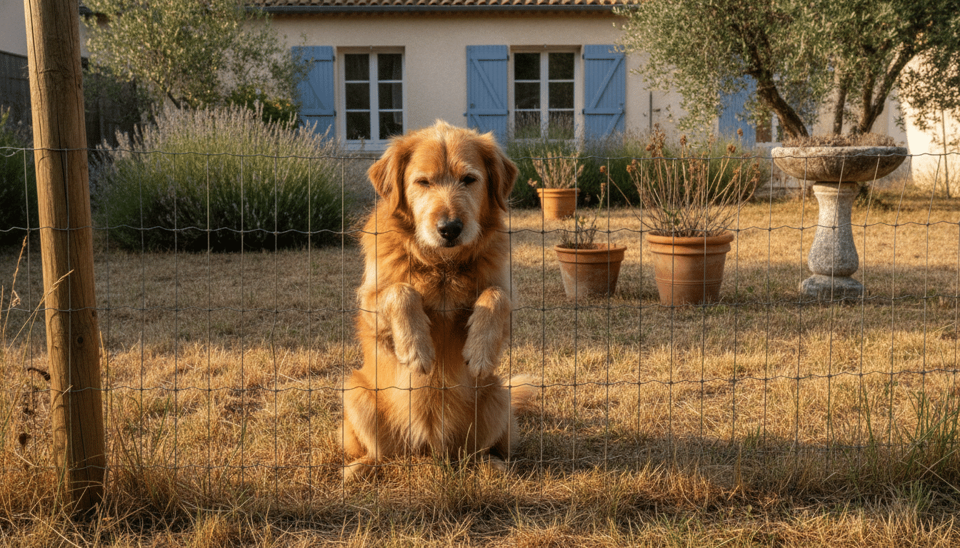 Chien seul dans un jardin clôturé en été