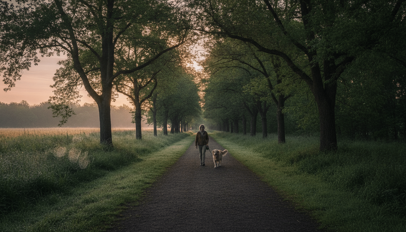 Promenade matinale avec un chien à l'aube