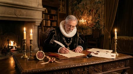 Chancelier royal écrivant un courrier formel au XVIe siècle