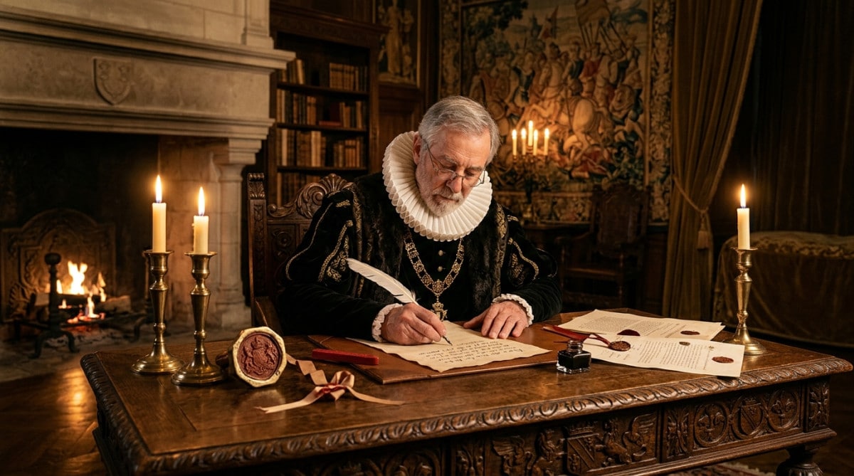Chancelier royal écrivant un courrier formel au XVIe siècle