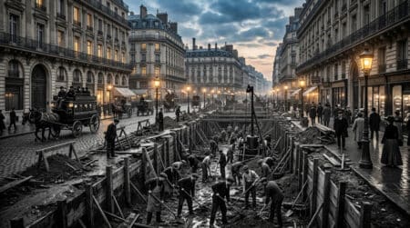 Chantier de construction du premier métro parisien vers 1900