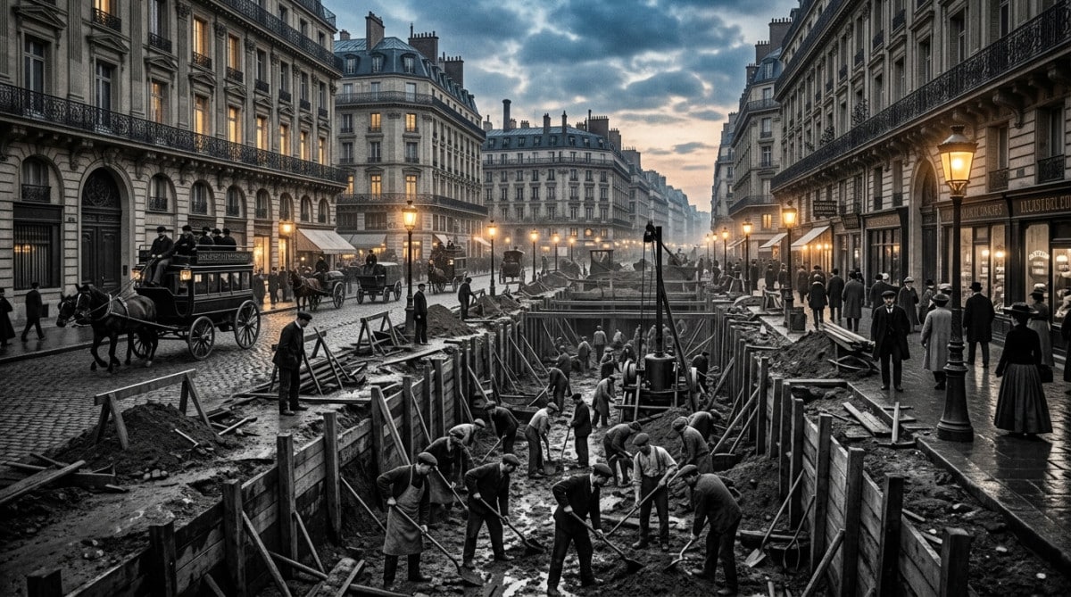 Chantier de construction du premier métro parisien vers 1900