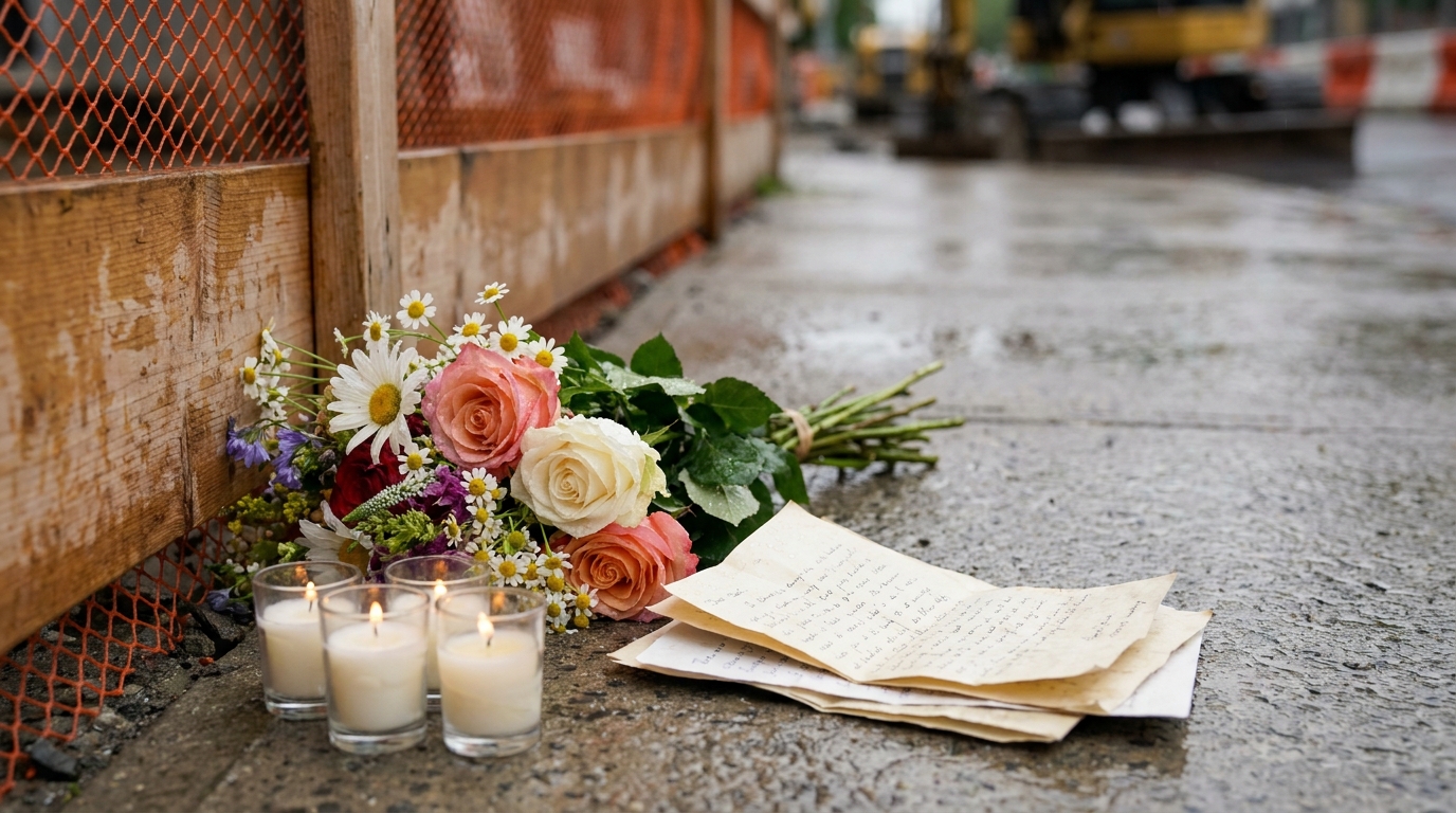 Fleurs et messages déposés sur le sol d'un chantier