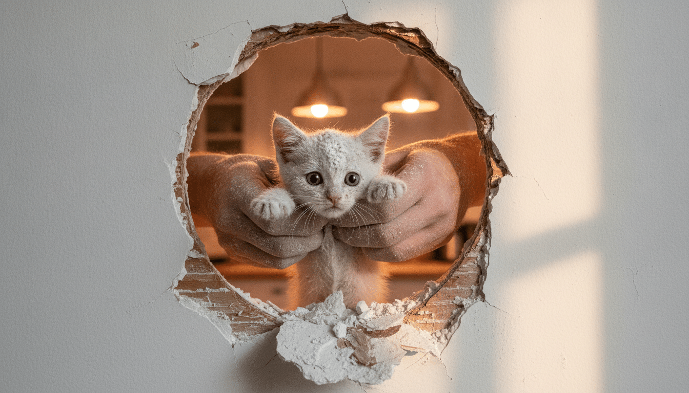 Chaton couvert de plâtre extrait d'un mur de cuisine