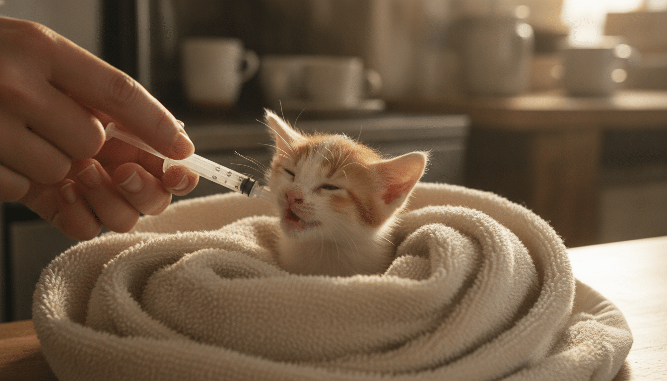 Chaton secouru recevant les premiers soins après son sauvetage