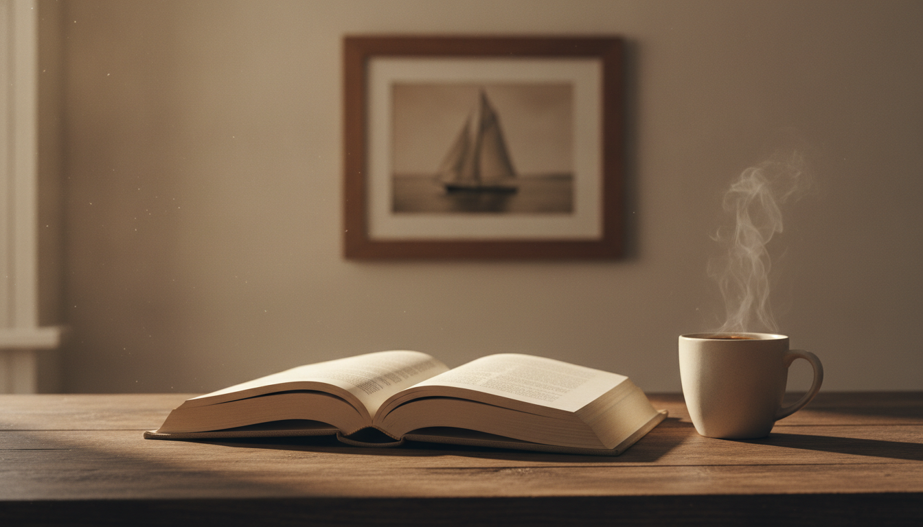 Livre ouvert sur une table avec photo de voilier en arrière-plan
