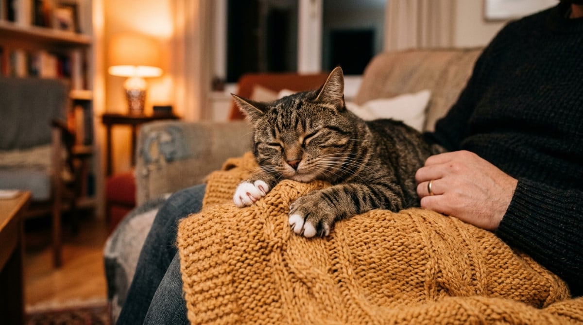 Chat adulte pétrissant une couverture sur les genoux de son propriétaire