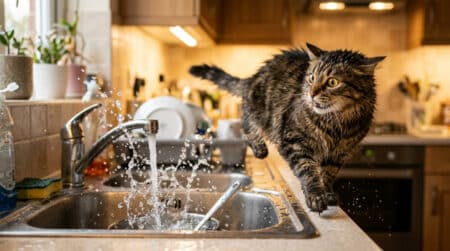 Chat domestique reculant devant l'eau du robinet