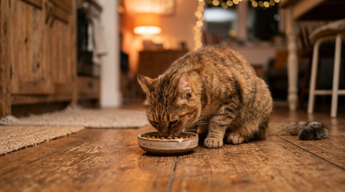 Chat mangeant dans sa gamelle le dos tourné en toute confiance