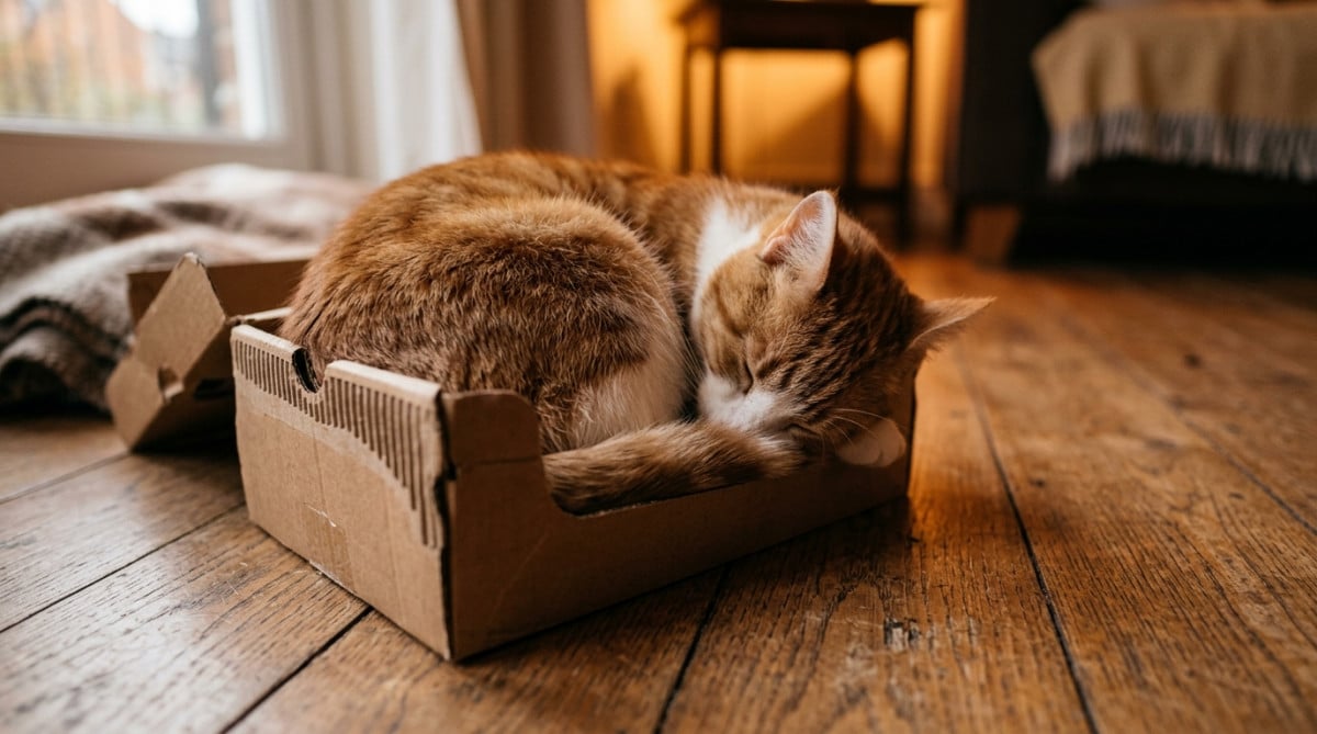 Chat recroquevillé dans une boîte à chaussures trop petite