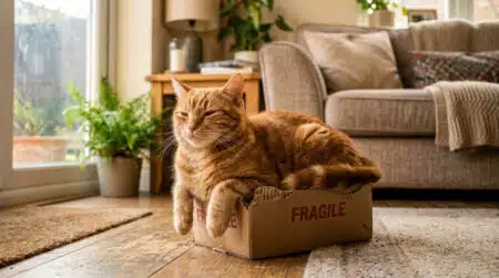 Chat roux installé dans une petite boîte en carton