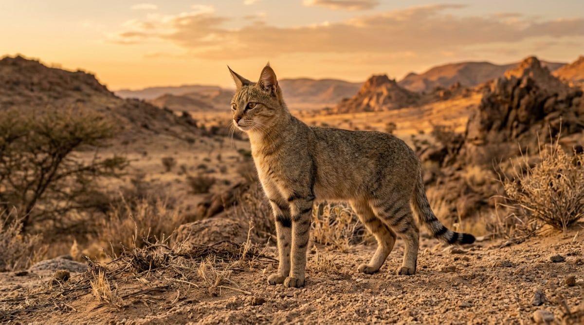 Chat sauvage africain dans son habitat désertique