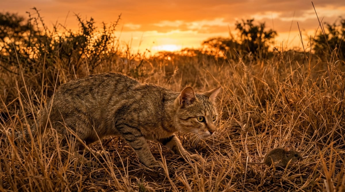 Chat sauvage chassant une souris dans les herbes au coucher du soleil