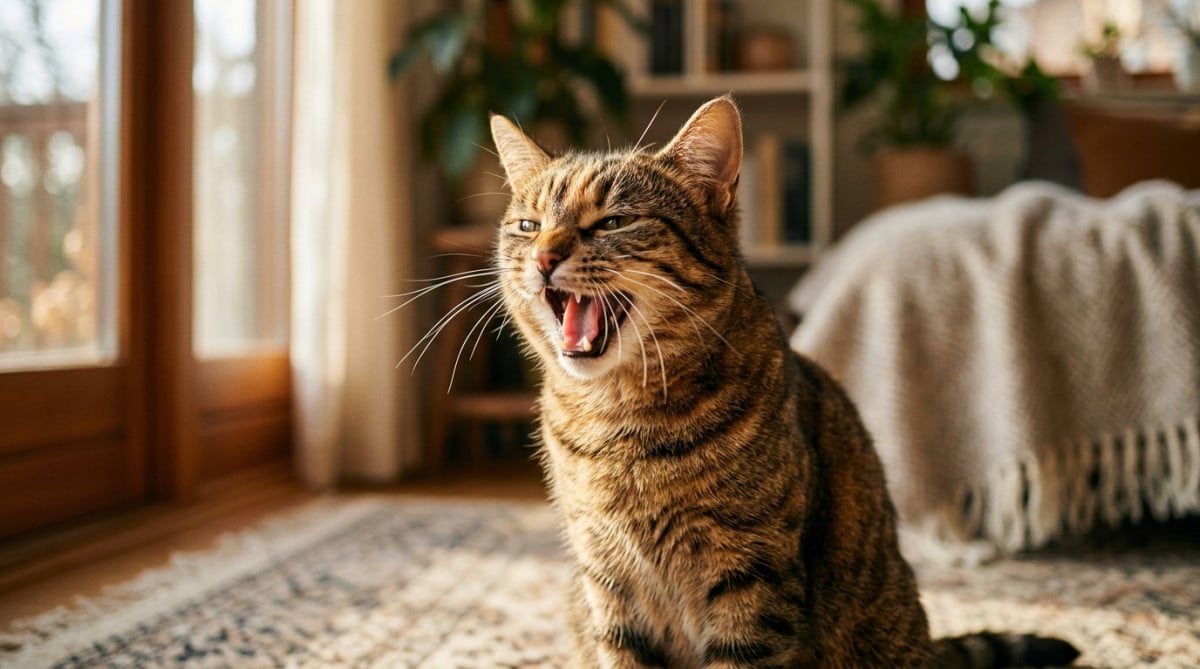 Chat tigré ouvrant la bouche pour miauler en silence