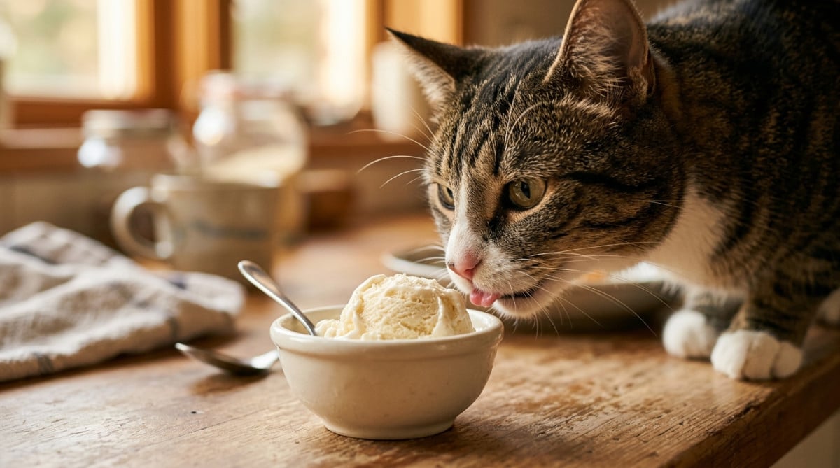 Chat tigré reniflant un bol de glace à la vanille
