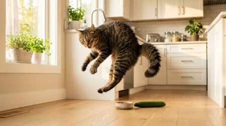Chat tigré sursautant en voyant un concombre dans une cuisine