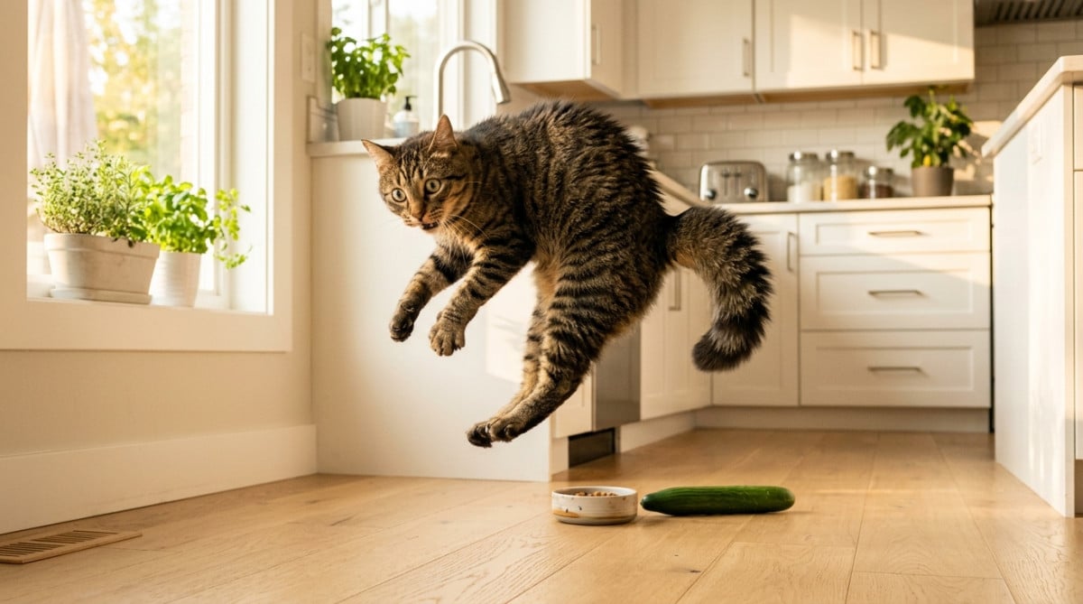 Chat tigré sursautant en voyant un concombre dans une cuisine