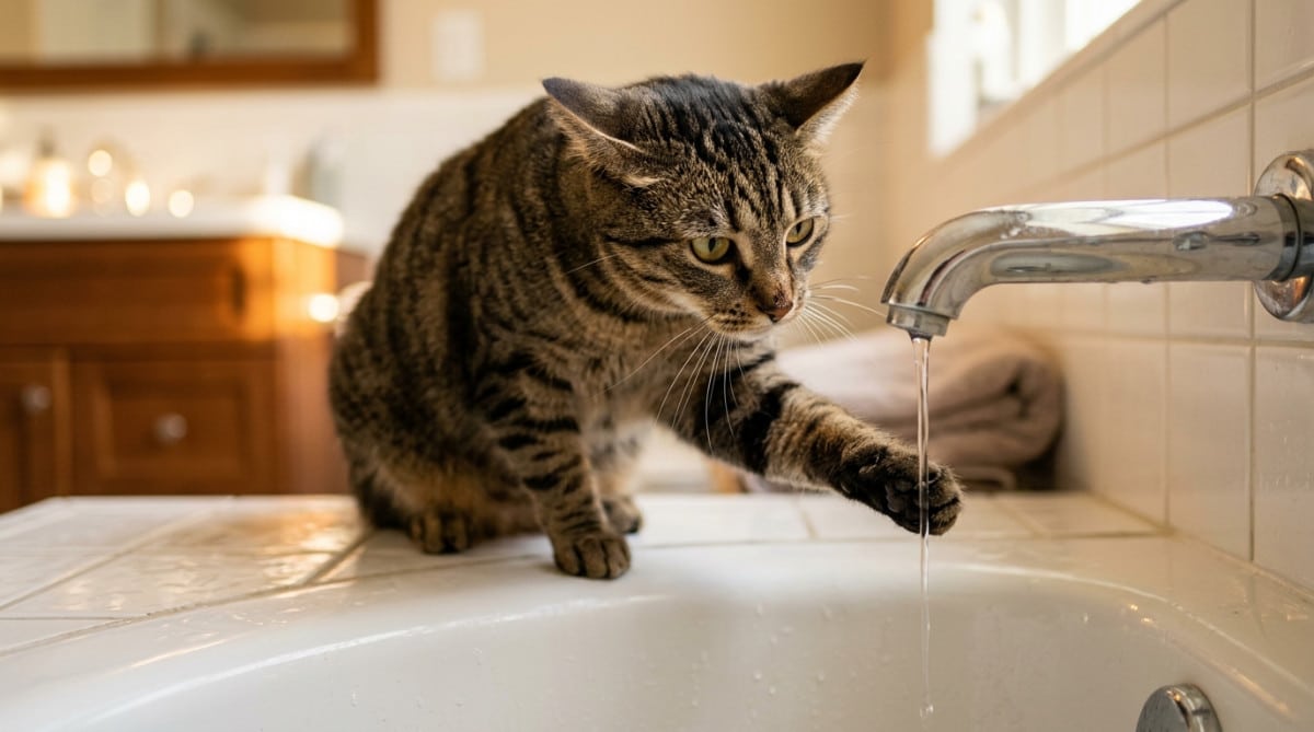 Chat tigré touchant prudemment l'eau du robinet sur une baignoire