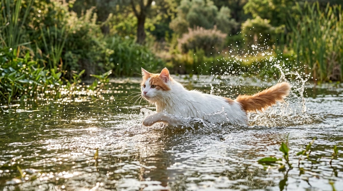 Chat Turc de Van nageant dans un plan d'eau naturel