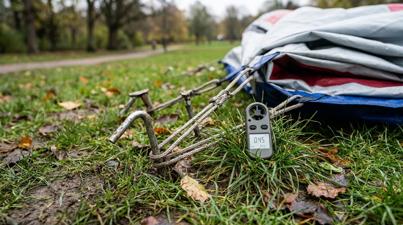 Piquets d'ancrage et anémomètre posés sur l'herbe d'un parc
