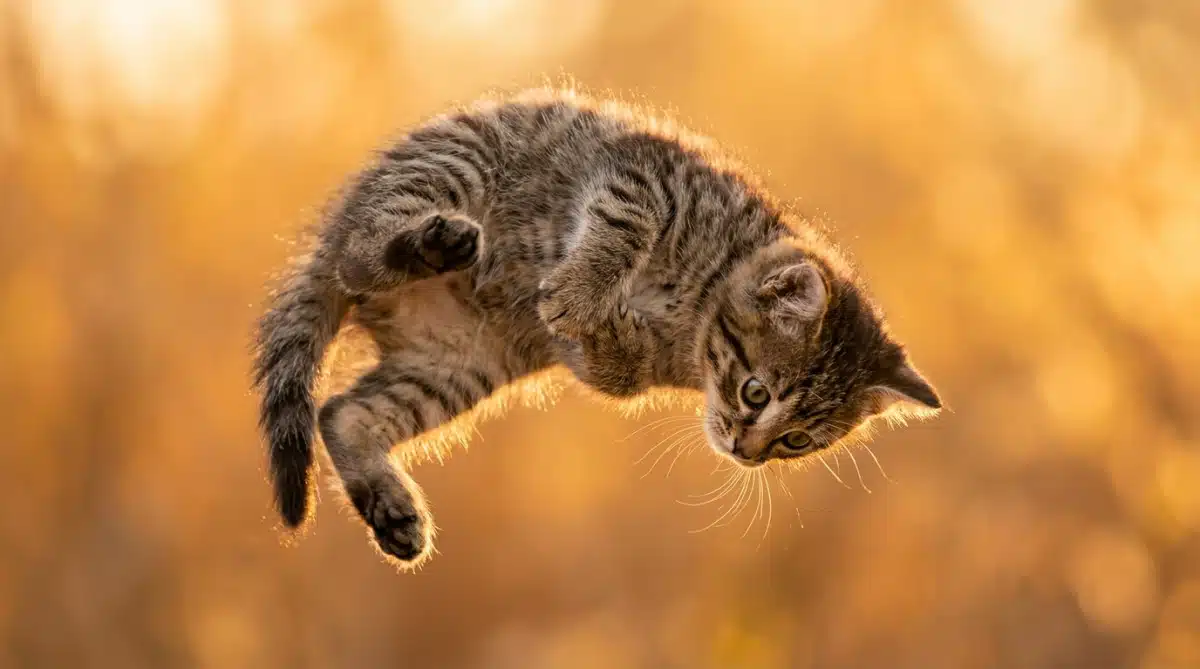 Chaton en plein retournement dans les airs