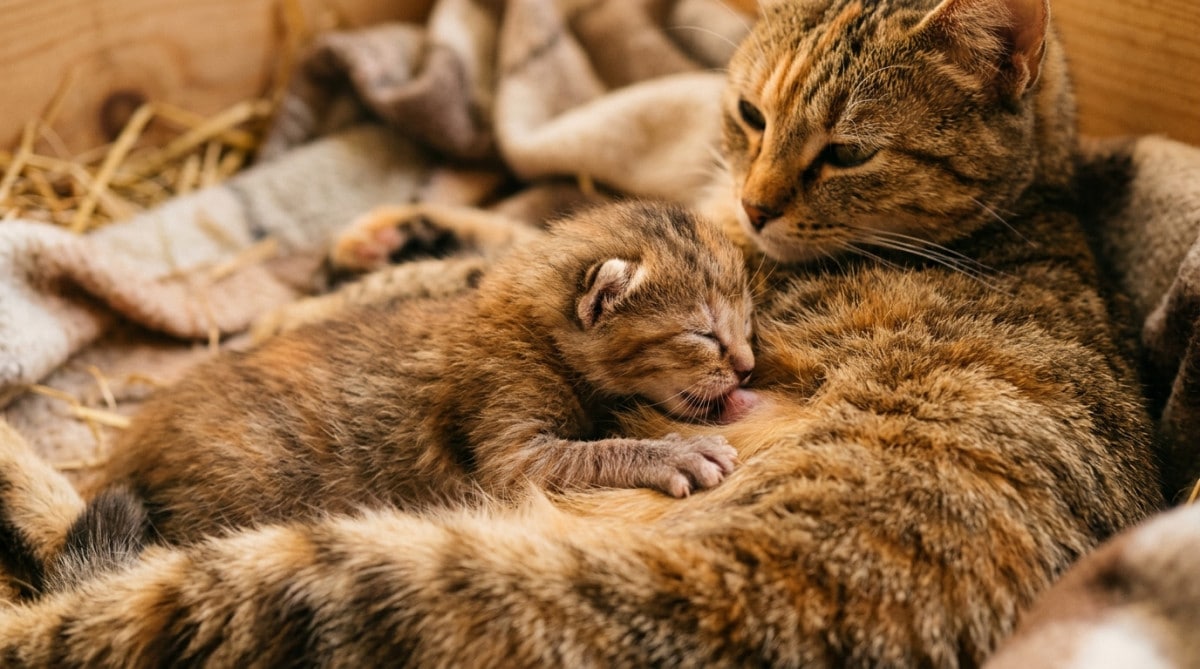 Chaton nouveau-né pétrissant le ventre de sa mère